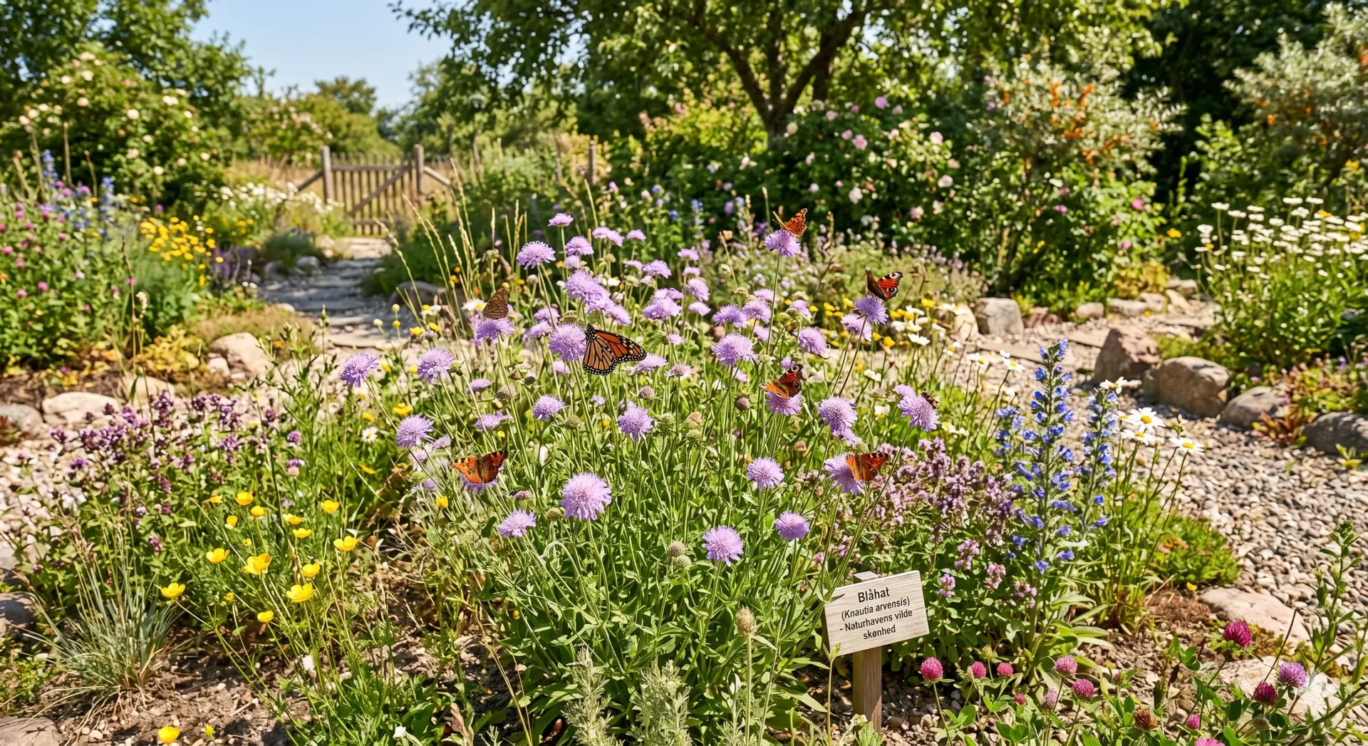 Et inspirerende billede af en blomstrende blåhat (Knautia arvensis) i en vild have, omgivet af farverige sommerfugle, der suger nektar fra blomsterne. Baggrunden viser tørketålende, hjemmehørende planter og et naturligt, frodigt havemiljø, der summer af liv og biodiversitet. Stemningen er lys, optimistisk og indbydende, med fokus på naturens skønhed og vigtigheden af at tiltrække sommerfugle til haven.