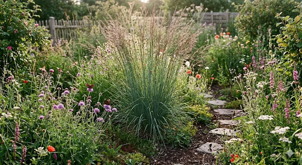 Et stemningsfuldt billede af en robust naturhave med blåtop (Molinia caerulea) i centrum. Haven er frodig og vildtvoksende, med hjemmehørende græsser og blomster, der skaber struktur og variation. Sollyset filtrerer blidt gennem de høje græsser, og der er små insekter og sommerfugle, der svæver omkring. Stemningen er rolig, naturlig og inspirerende – et perfekt eksempel på en bæredygtig og artsrig dansk naturhave.