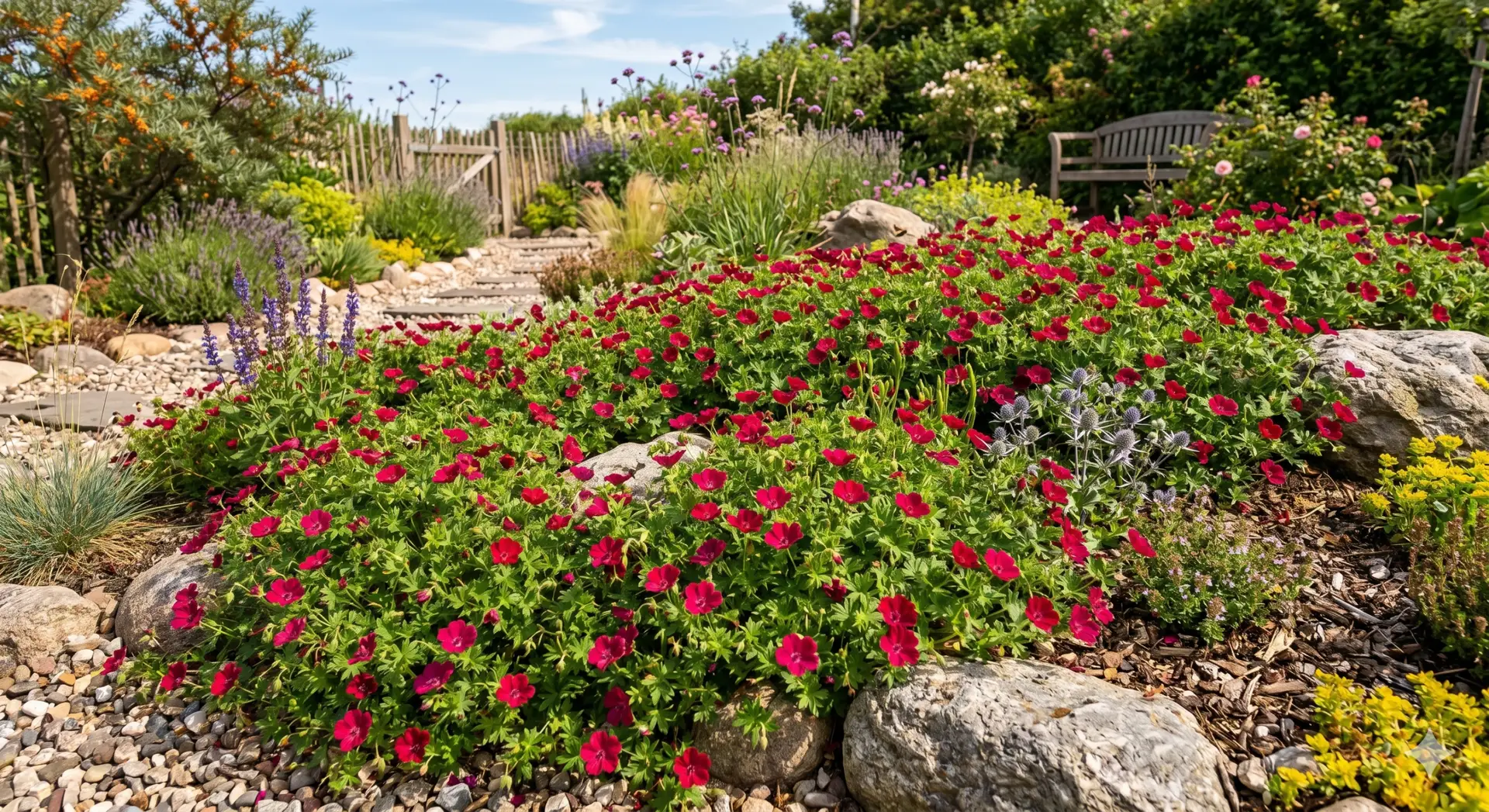 Et inspirerende billede af blodrød storkenæb (Geranium sanguineum) i fuldt flor, plantet som bunddække i en tør, solrig have. Planterne danner et tæt, grønt tæppe med masser af smukke, dybrøde blomster, omgivet af naturlige elementer som sten og grus, der understreger plantens evne til at trives under tørre forhold. Stemningen er frodig, livlig og indbydende, med fokus på biodiversitet og bæredygtighed i haven.