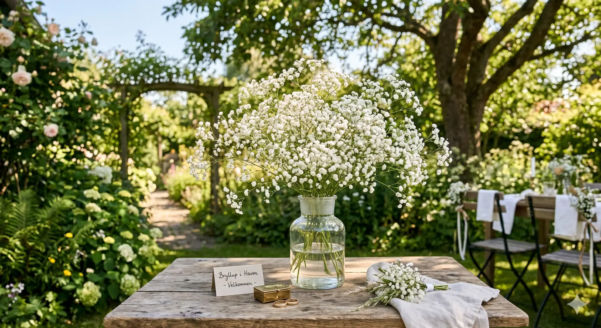 Et smukt, luftigt arrangement af brudeslør (Gypsophila) i en naturlig, afslappet bryllupsstemning. Blomsterne står i en enkel vase på et rustikt træbord, omgivet af bløde, varme solstråler og grønne omgivelser. Farverne er lyse og lette, med fokus på det hvide og sarte udtryk fra brudeslørens små blomster. Stemningen er romantisk, rolig og inspirerende – perfekt til et afslappet sommerbryllup i haven