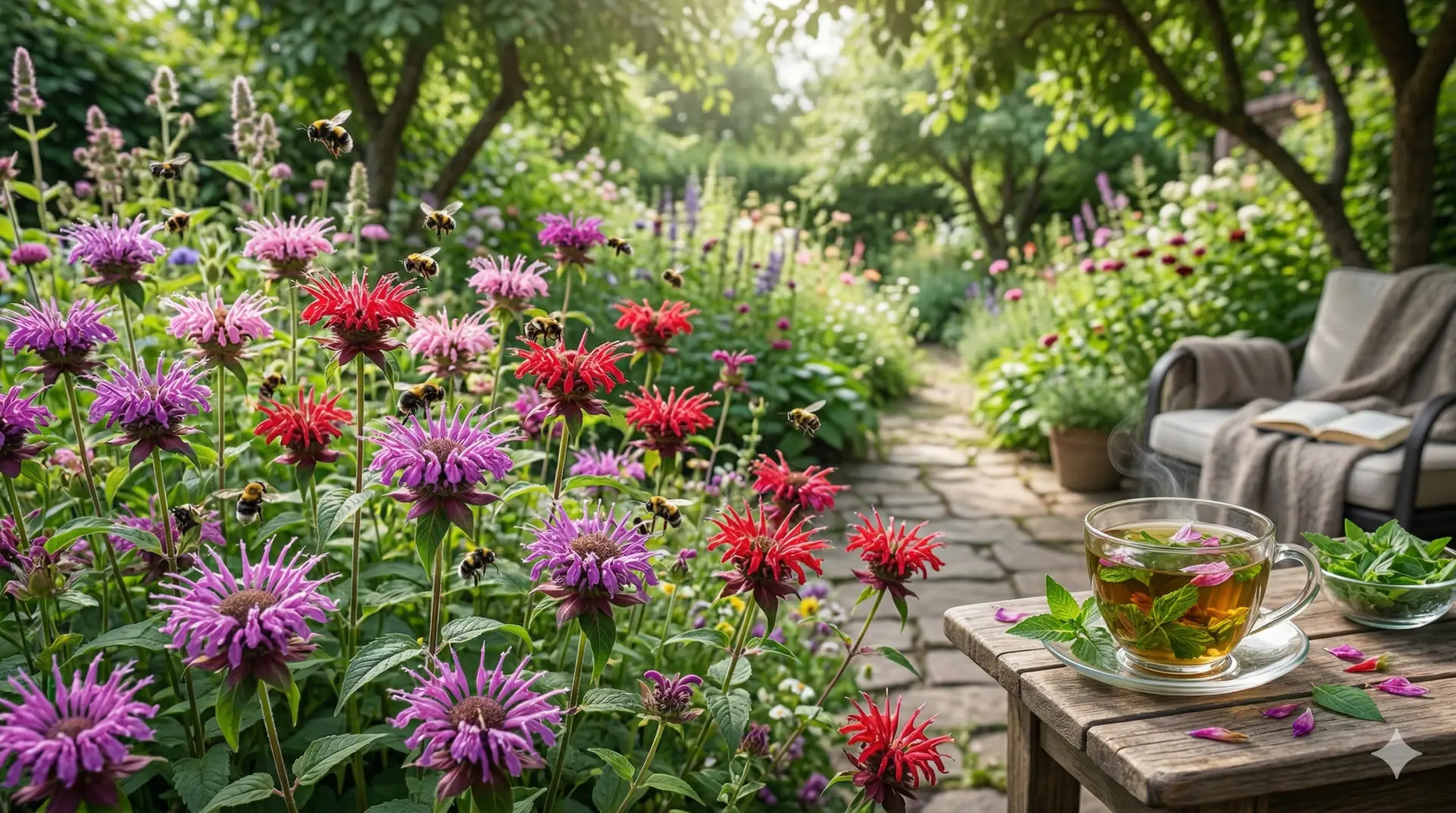 Et inspirerende billede af en frodig have med blomstrende hestemynte (Monarda) i forgrunden. Planterne står i fuldt flor med lilla, lyserøde og røde blomster, omgivet af summende bier, der tiltrækkes af de duftende blomster. I baggrunden ses en hyggelig terrasse med en kop dampende urtete, lavet af friskplukkede hestemynteblade. Stemningen er fredfyldt, grøn og indbydende, med blødt sollys, der filtrerer gennem trækronerne.