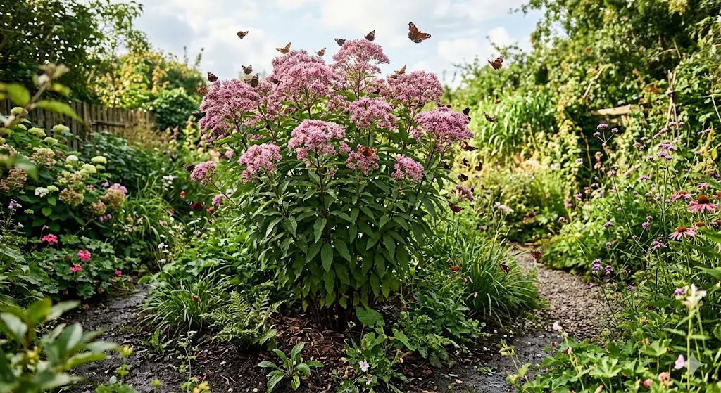 Et stemningsfuldt billede af en frodig have i sommerlys, hvor den høje staude hjortetrøst blomstrer med sine lyserøde blomster. Rundt om planten sværmer farverige sommerfugle, og jorden omkring er let fugtig, som i et regnbed. Baggrunden viser grønne planter og et naturligt, vildt udtryk, der fremhæver havens biodiversitet og tiltrækning af insekter.