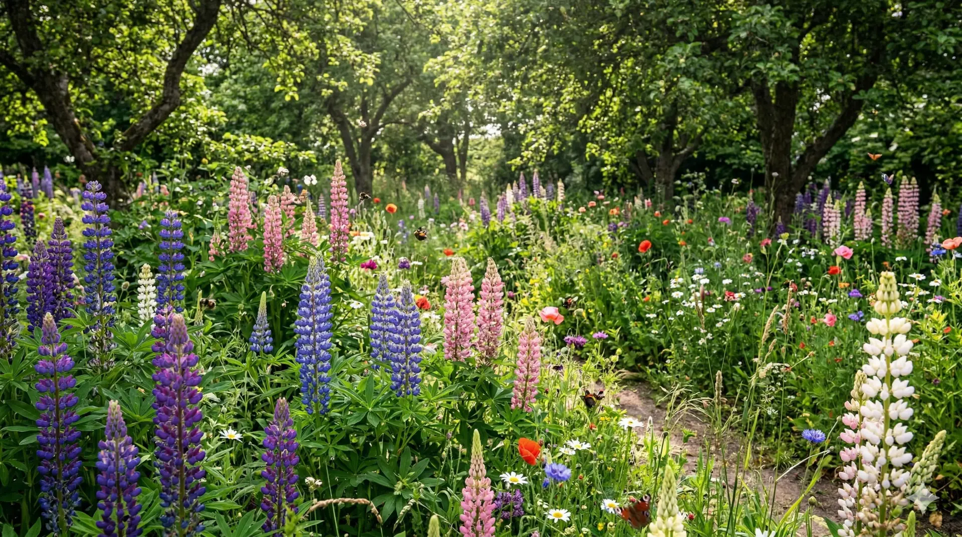 Et farverigt og vildt havebillede med blomstrende lupiner i forskellige nuancer, omgivet af grønne planter og vilde blomster. Stemningen skal være naturlig, frodig og inspirerende, med fokus på biodiversitet og et levende havemiljø. Sollys filtrerer blidt gennem træerne, og der er små insekter som bier og sommerfugle, der summer omkring blomsterne.