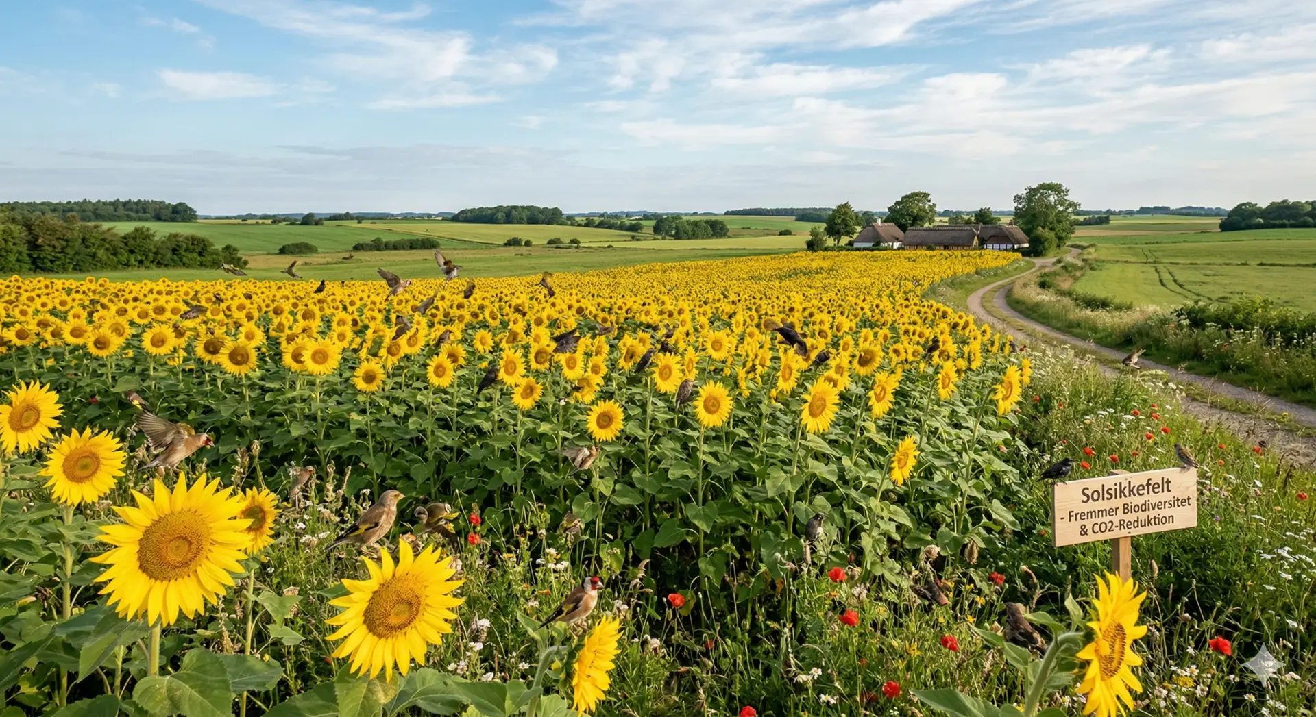 Et solrigt dansk landskab med et stort felt af blomstrende solsikker, hvor fugle samles omkring planterne. I baggrunden ses grønne marker og blå himmel med lette skyer. Stemningen er bæredygtig og naturlig, med fokus på biodiversitet, CO2-reduktion og hurtig plantevækst.
