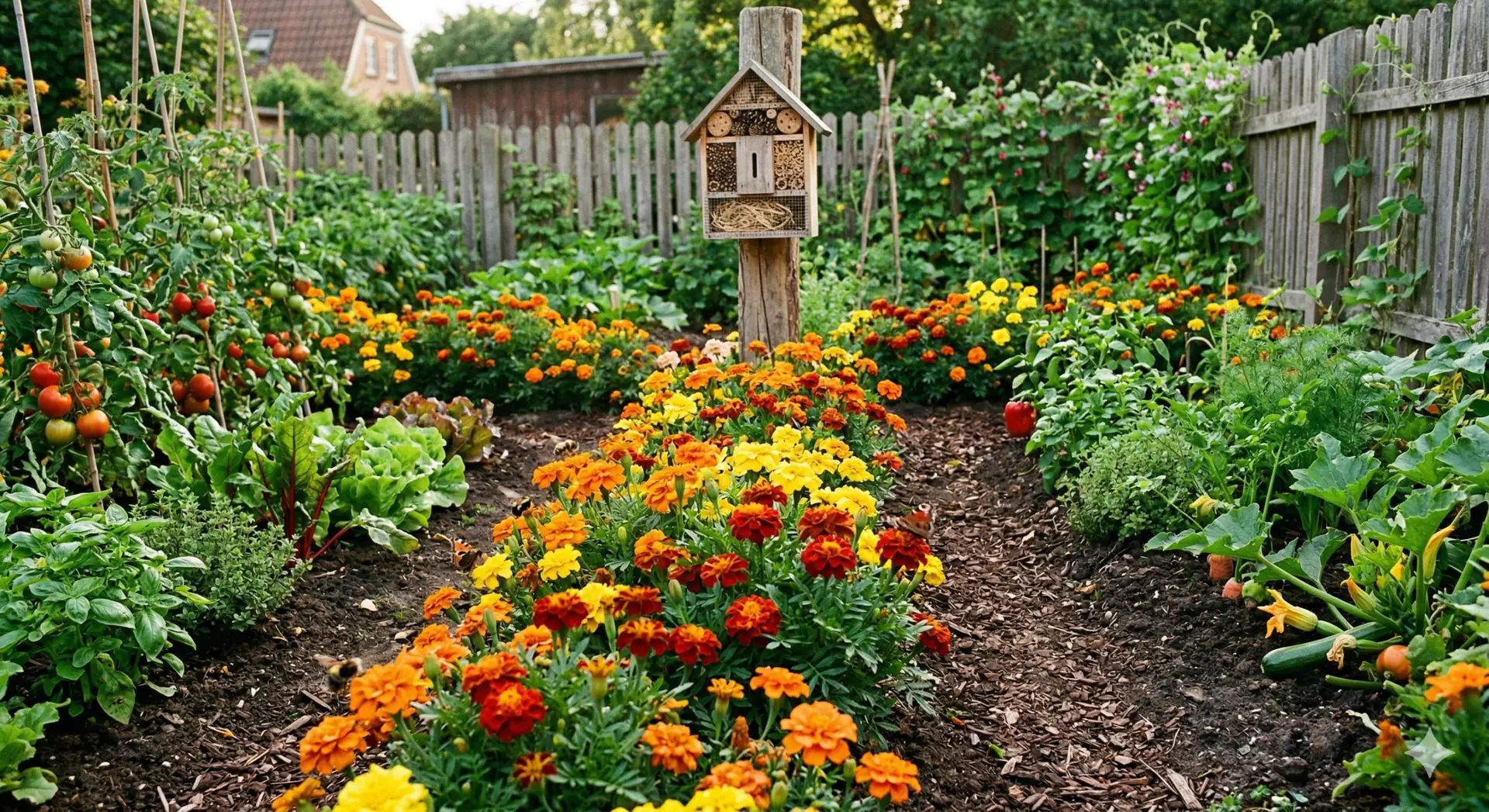 En frodig naturhave i fuldt flor med farverige tagetes-blomster, der vokser i rækker mellem grøntsager og urter. Solen skinner blidt, bier summer omkring blomsterne, og jorden ser mørk og næringsrig ud. I baggrunden ses et lille insekthotel og et træhegn, der indrammer haven. Stemningen er fredelig, naturlig og indbydende – et perfekt eksempel på bæredygtig jordforbedring og naturlig skadedyrsbekæmpelse.