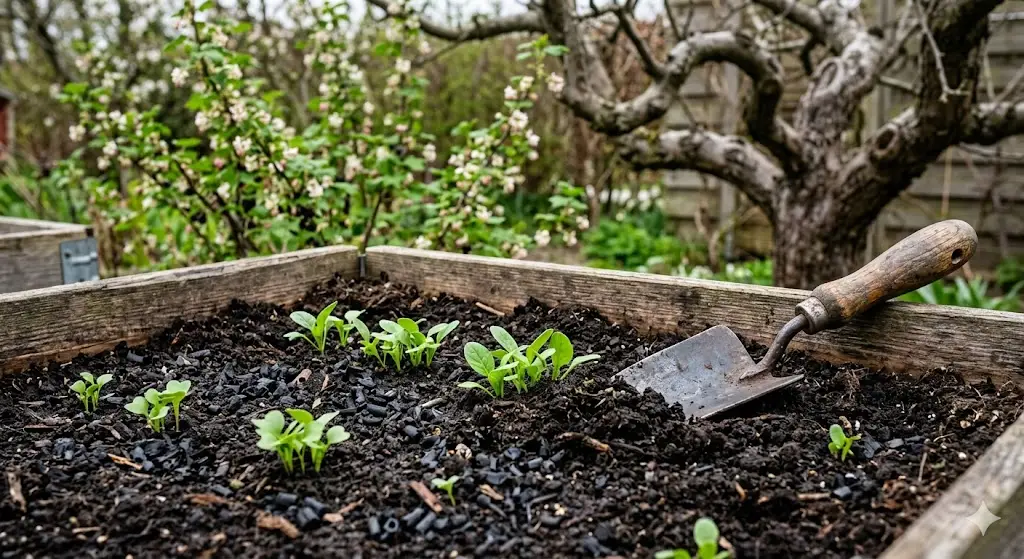 nærbillede af et højbed i en dansk køkkenhave i april måned. Jorden er mørk, næringsrig og friskvendt, blandet med små stykker biokul. Et par bittelille, livlige grønne grøntsagsspirer er lige ved at skyde op af jorden. En traditionel planteskovl med træhåndtag hviler i jorden. Baggrunden er let sløret, men viser blomstrende solbærbuske og de karakteristiske, krogede grene fra et gammelt æbletræ uden blade mod en baggrund af blødt, diffust sollys.